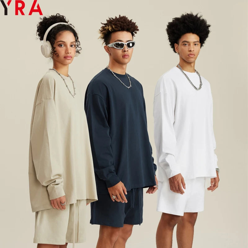 Crew Neck Solid Knitted 305 GSM 100% Cotton Men Women Oversize Long Sleeve T-Shirts Customized Logo Fashion Streetwear 2025