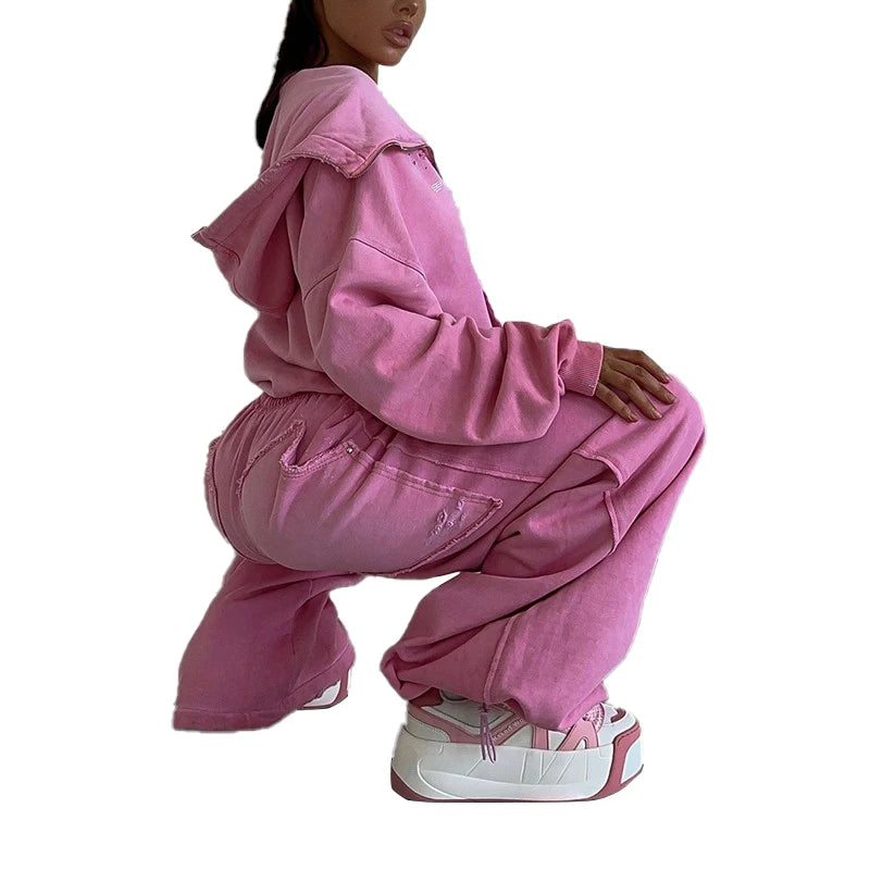 Acid Wash Zip Applique Distressed Embroidery Patch Oversized Hoodie Sweatpants Set Custom Streetwear Sweatsuit Women Tracksuit