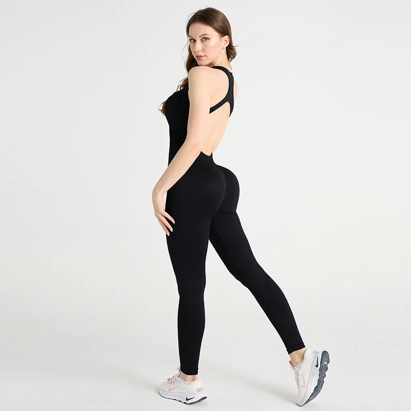 Women's Backless One Piece Jumpsuit Sleeveless Scoop Neck Bodycon Romper Seamless Workout Yoga With Plus Size XL Printed Pants