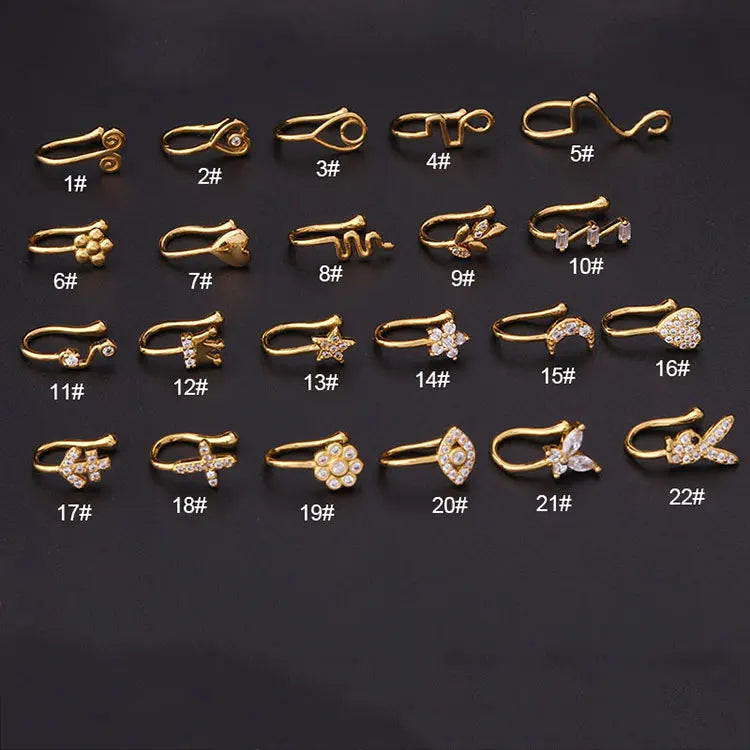 Trendy Indian Nose Jewelry Gold Plated Nose Cuffs Non Piercing Shiny Zircon Rabbit Cross Butterfly Devil Eye Clip on Nose Rings