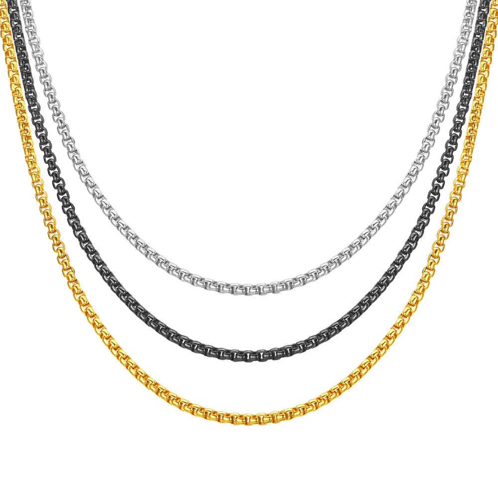 Low Price Wholesale Assorted Styles Design Gold Plated Jewelry Stainless Steel  Punk Long Round Box Chain Necklace for Men