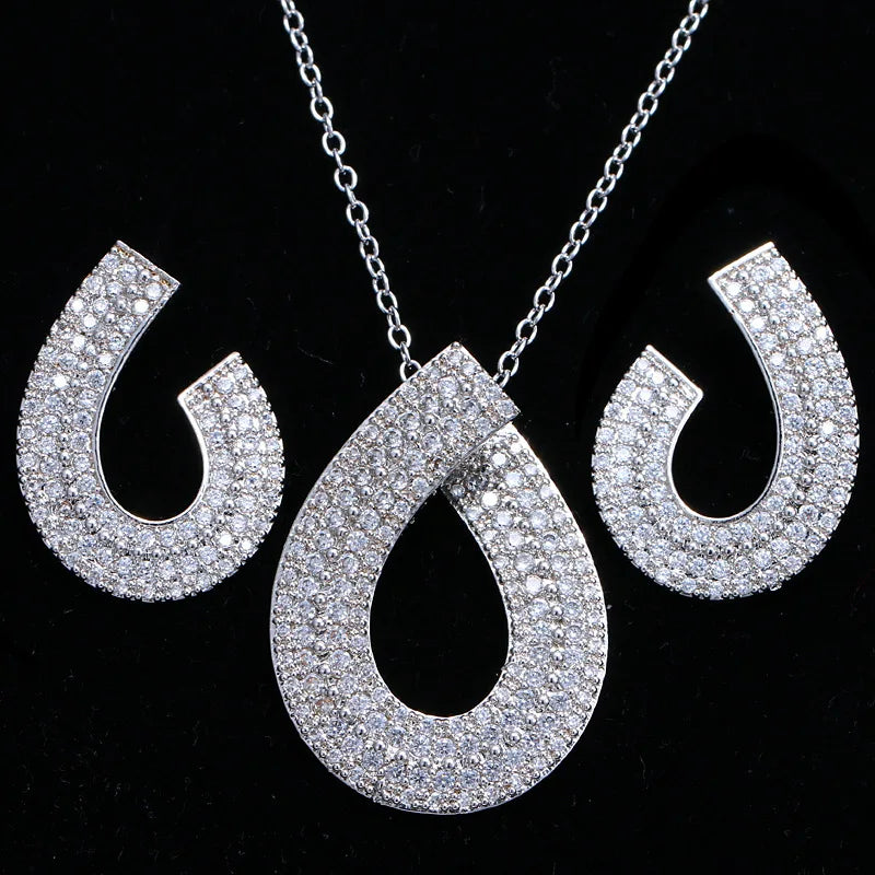 New Fashion Shiny Zircon Wedding Jewelry Set Elegant Earrings Necklace Simple V Shape Bridal Jewelry Set for Women Girls
