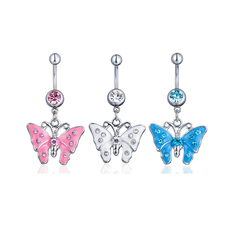 Fashion Colorful Enamel Butterfly Crystal Belly Ring Chic Rhinestone Cute Animal Navel Ring Women Body Puncture Jewelry