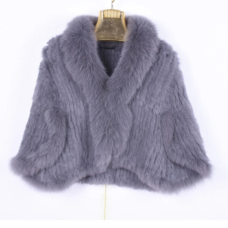MWFur Fashion Knitted Rabbit Fur Jacket Women Coat MS.minshu Fox Fur Trimmed Rabbit Fur Cape for Winter