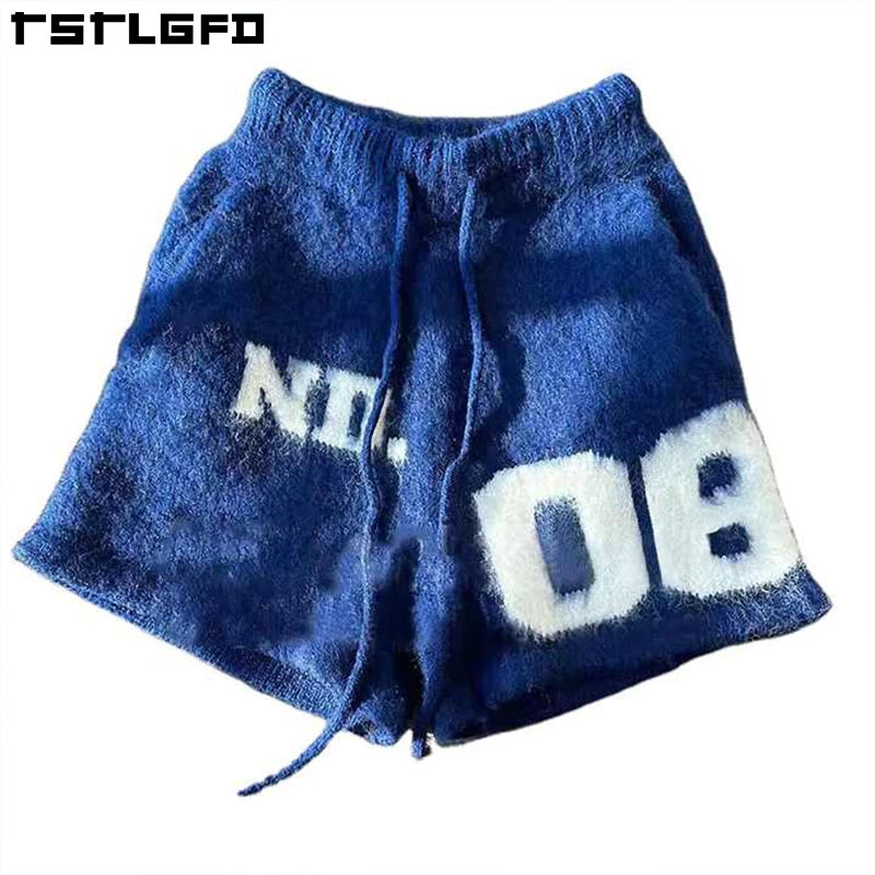 Custom Unisex Mohair Wool Shorts Pants Print Oversized Below Knee Drawstring Streetwear Fluffy Fuzzy Kinit Mohair Shorts for Men
