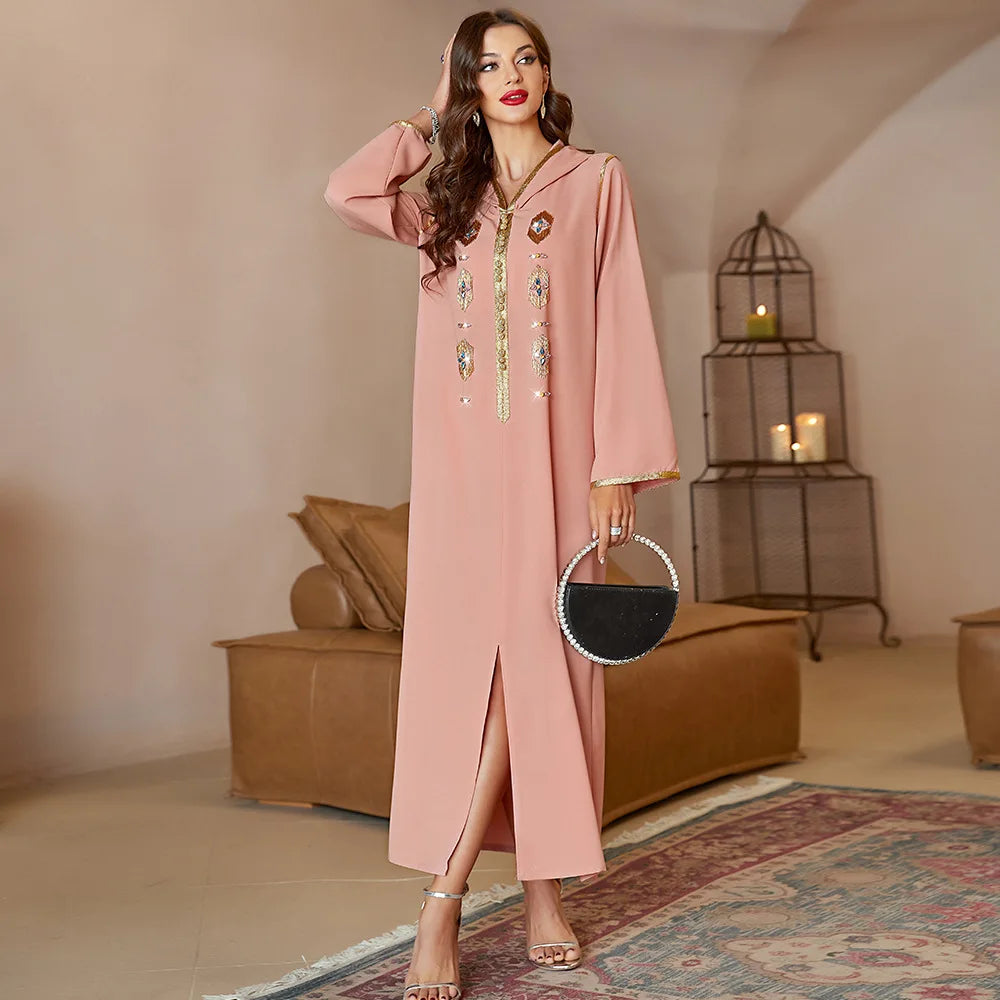 Pink Handmade Diamond-shaped Gold Tube Rhinestones Morocco Muslim Women's Hooded Dress Ethnic Clothing Long Dress Muslim