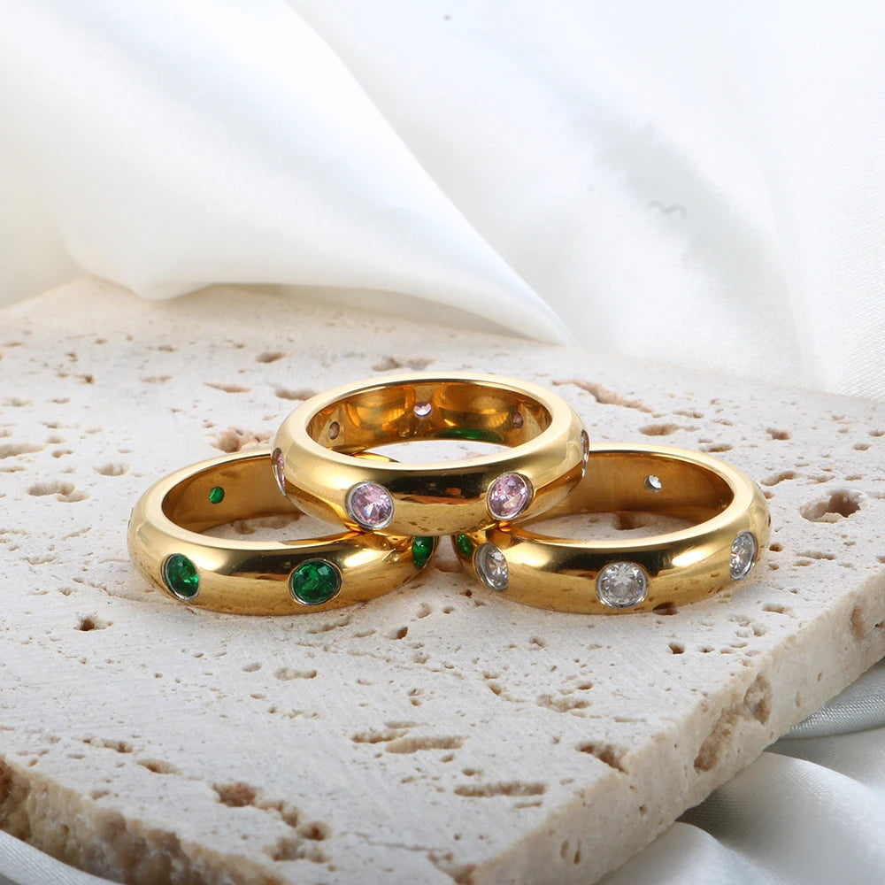 Fashion Stainless Steel 18k Gold Rings Geometric CZ Stone Jewelry Engagement Zirconia White Pink Green Zircon Rings for Women