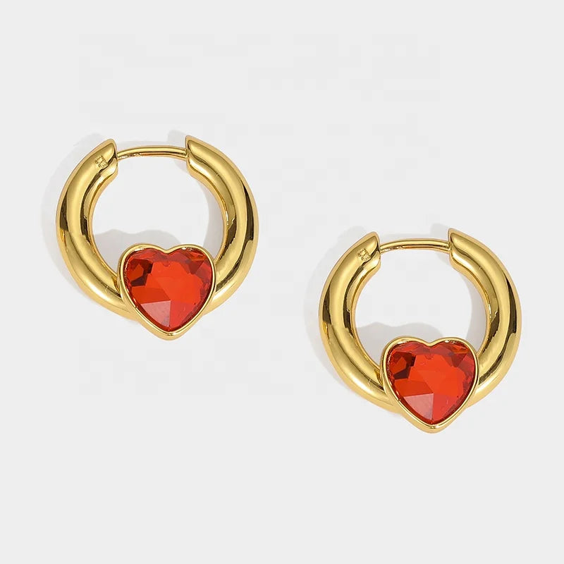 Cute Trendy Fashionable 18K Gold Plated Brass Circle Red Love Crystal Hearts Hoop Earrings for Party