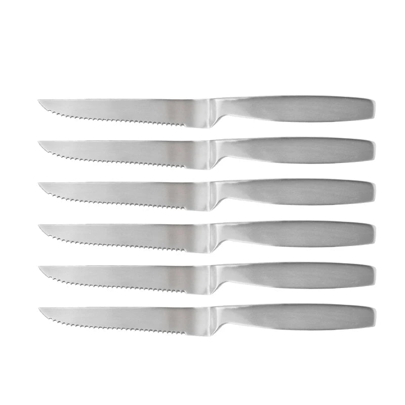 6-Piece Serrated Steak Knife Set J&J Brand Ambidextrous Design 4-5.9in Blade Length High Carbon Stainless Steel Ultra-Sharp