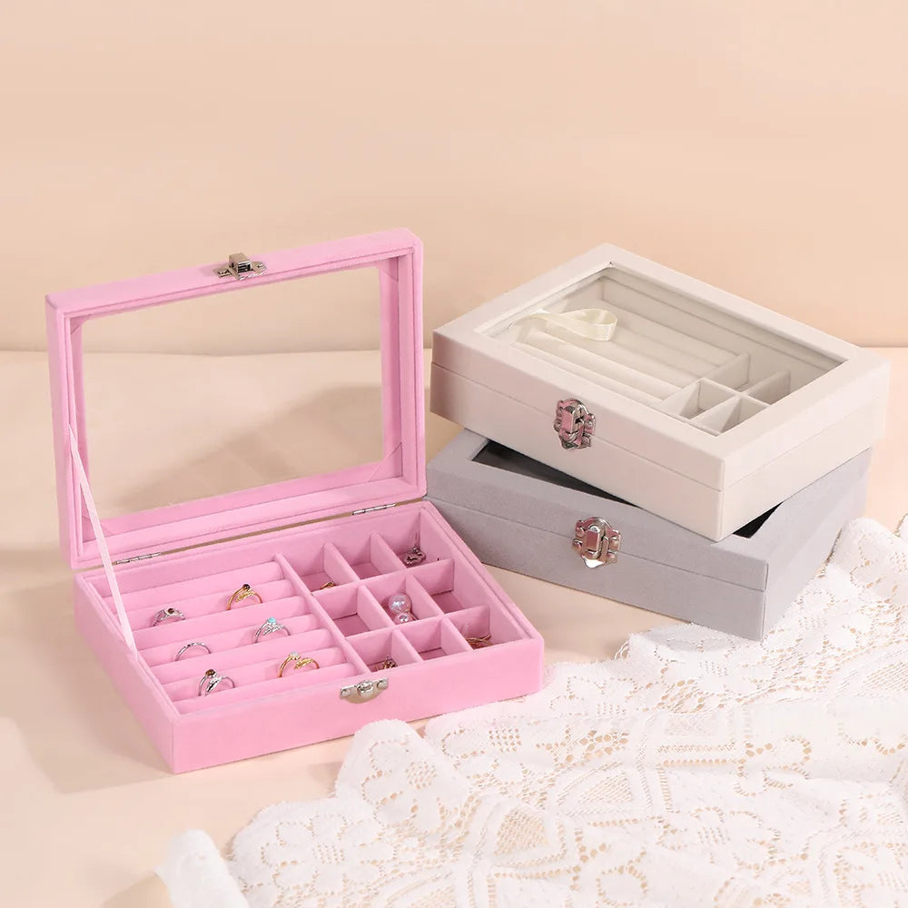 Hot Sale Transparent Visible Glass Velvet Jewelry Box Handmade Square Small Women's Jewelry Storage Boxes Organizer Case