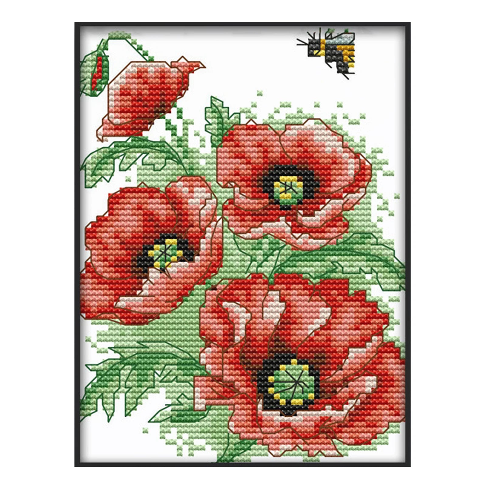 High Quality Cotton Thread Counted Embroidery Red Flower and Bee Home Room Art Decorative Painting Diy Needlework Cross Stitch