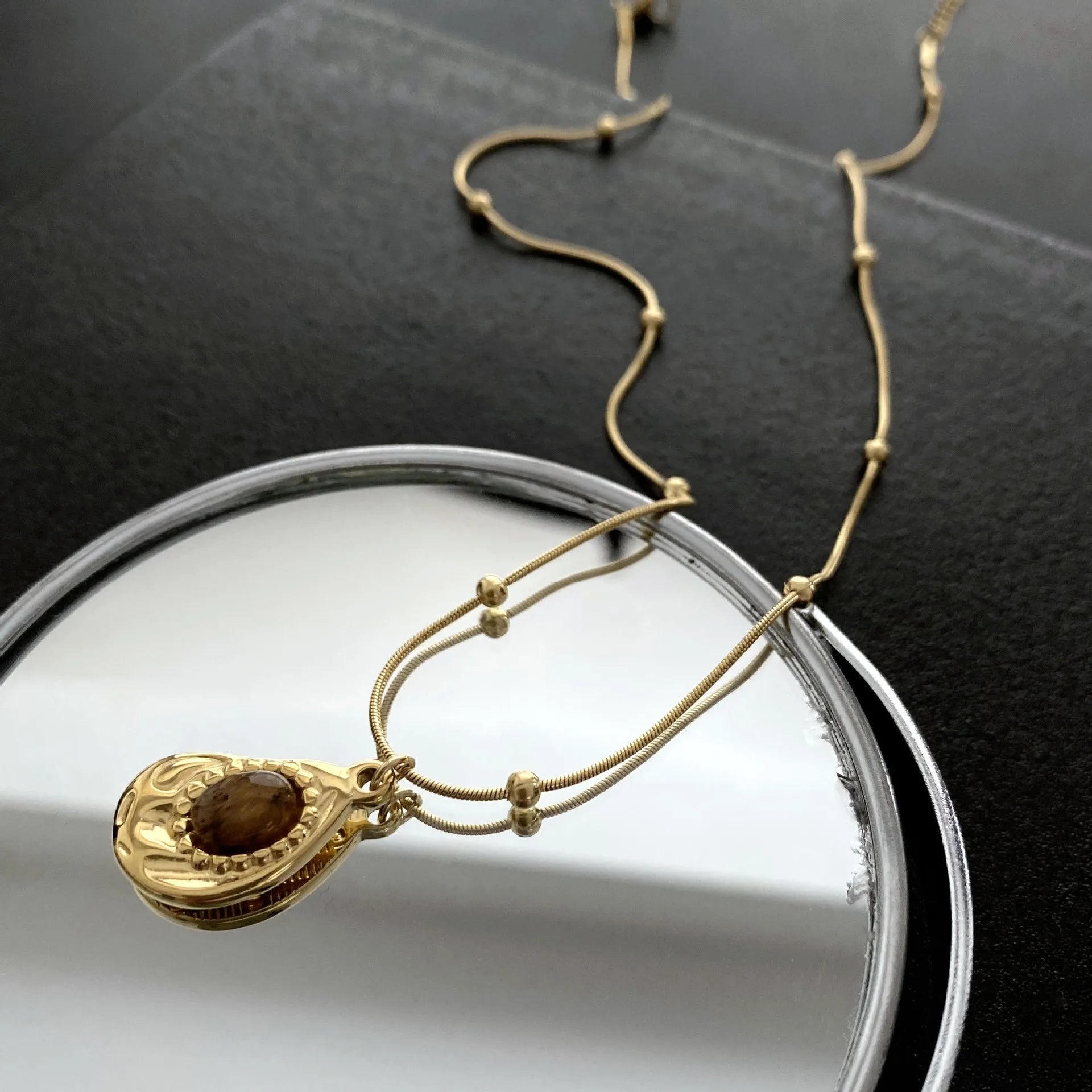Tiger's Eye Stone Pendant Titanium Steel Necklace Sweater Chain