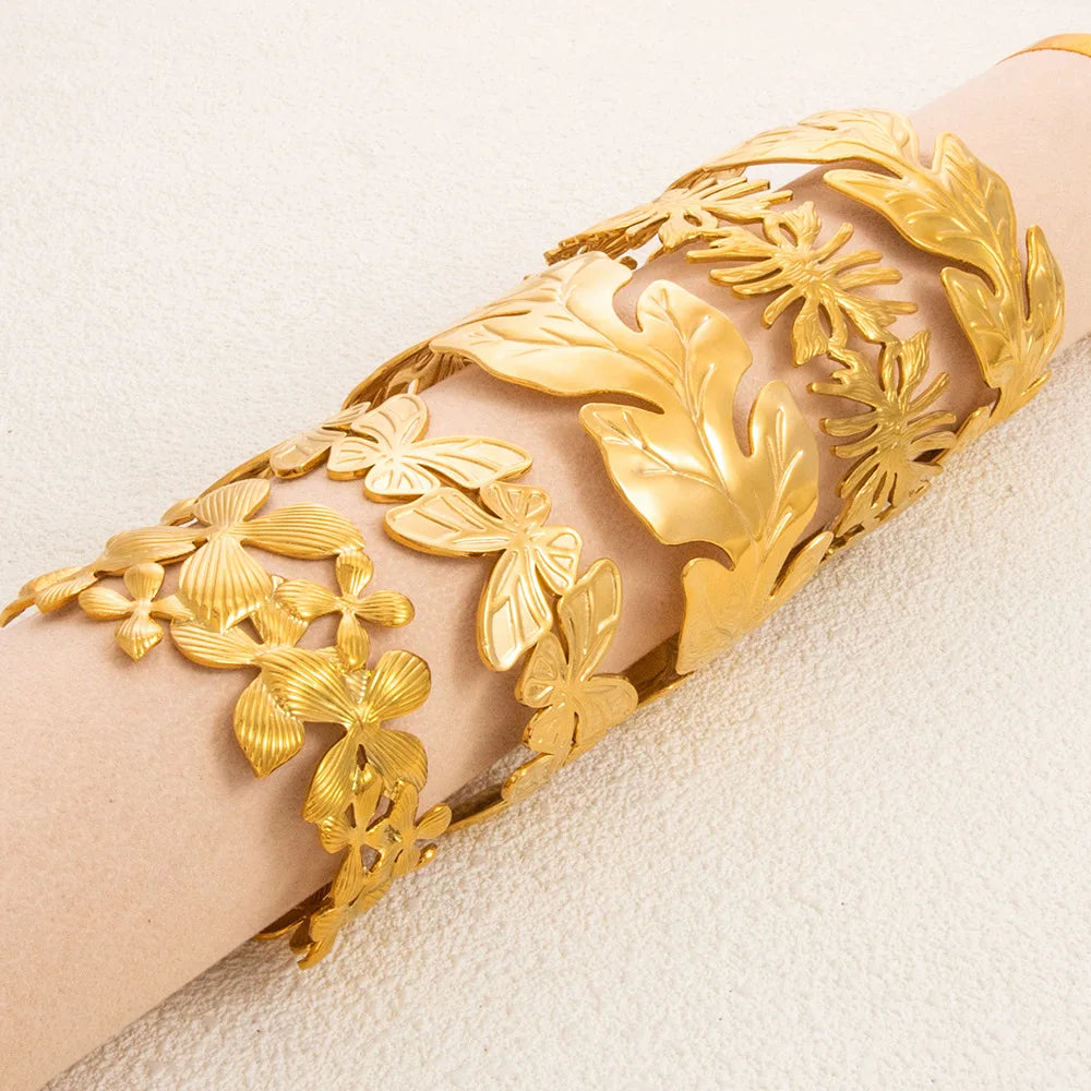 Trend Tarnish Free Butterfly Cuff Bracelet Natural Leaf Open Bangle Personalized 18k Gold Plated Stainless Steel Jewelry
