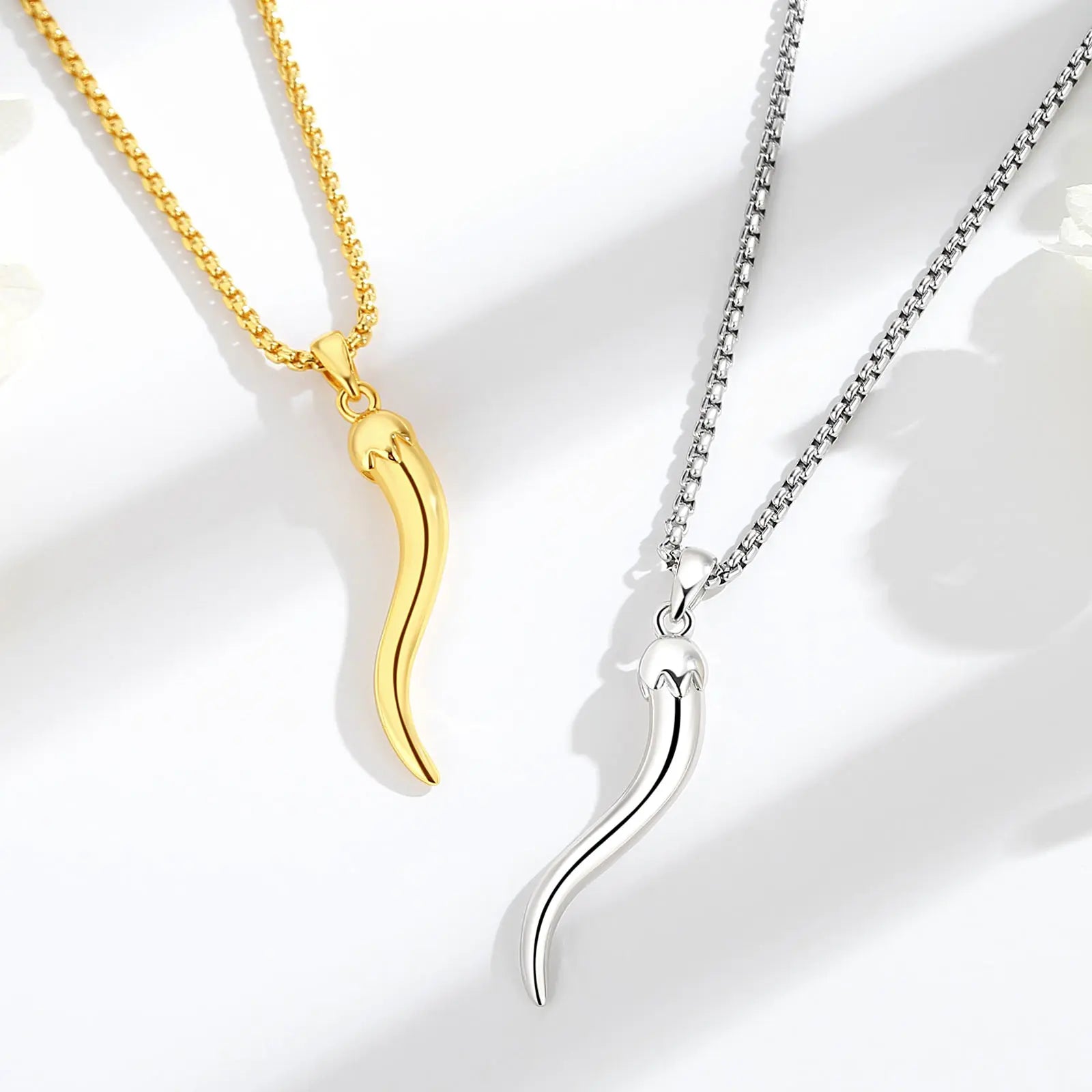 Merryshine 925 Sterling Silver Lucky Italian Horn Amulet Necklace with Gold & Rhodium Plating Cornicello Horn Pendant