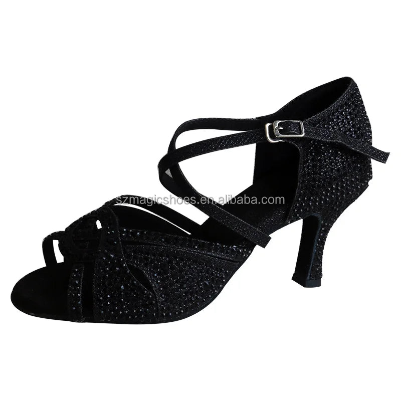 Customized Shiny Black Latin Sandals Ballroom Dance Shoes Full Rhinestone Dancing Sandals Customized Heels Women Dancing Shoes