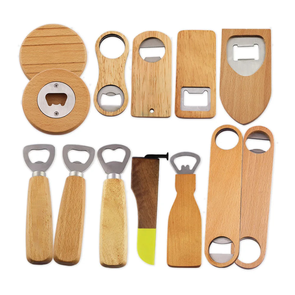 Manufacturers Personalized Custom Cheap Stainless Steel Magnetic Wooden logo Handle Beer Bottle Opener