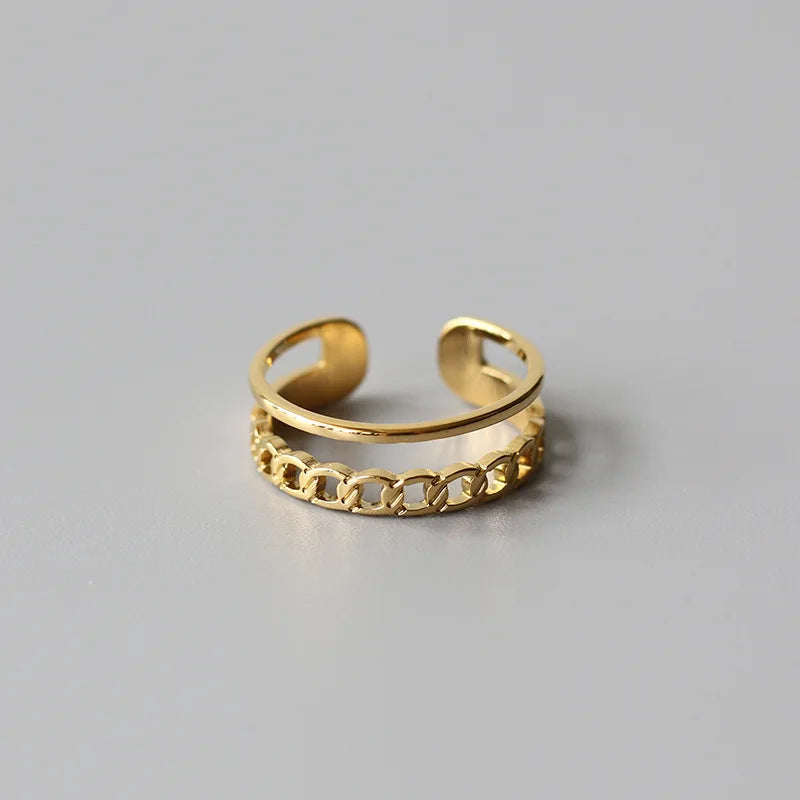 Unique Adjustable18K Gold Plated Stainless Steel Ring Double-Layer Chain Hollow Out Design Rings for Women