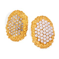 New Full Zircon Pearl Inlay 18k Gold Plated Stainless Steel Flower Oval Shaped Stud Earrings Women