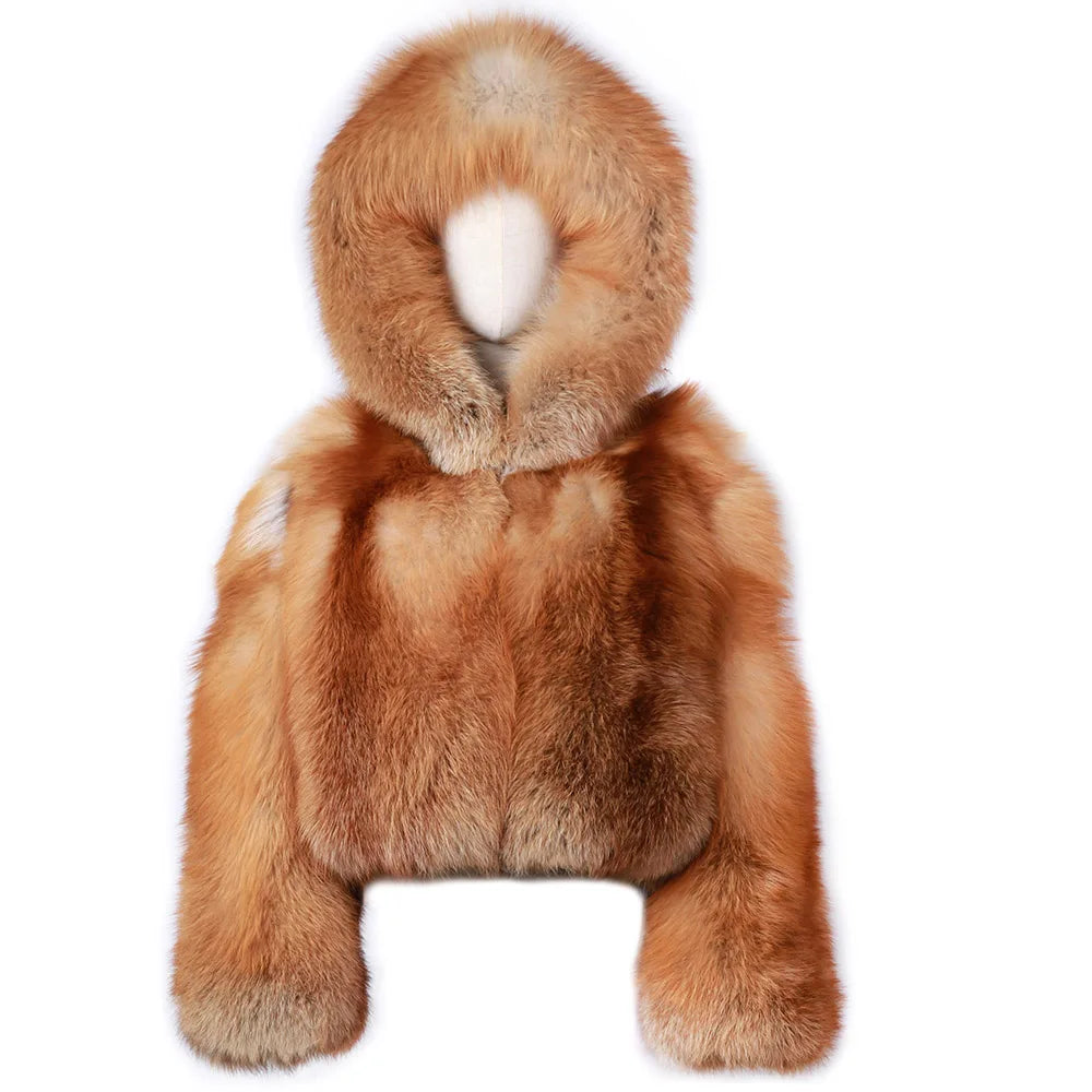 Ladies Hooded Fur Coat 2021 Winter Warm Outerwear Real Fox Fur Coat for Women