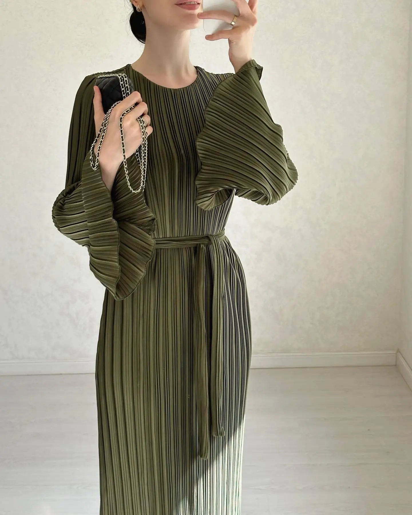 Eid Flare Sleeve Muslim Pleated Dress for Women Abaya Morocco Ramadan Lace-up Abayas Kaftan Islam Dubai Arab Modest Long Robe