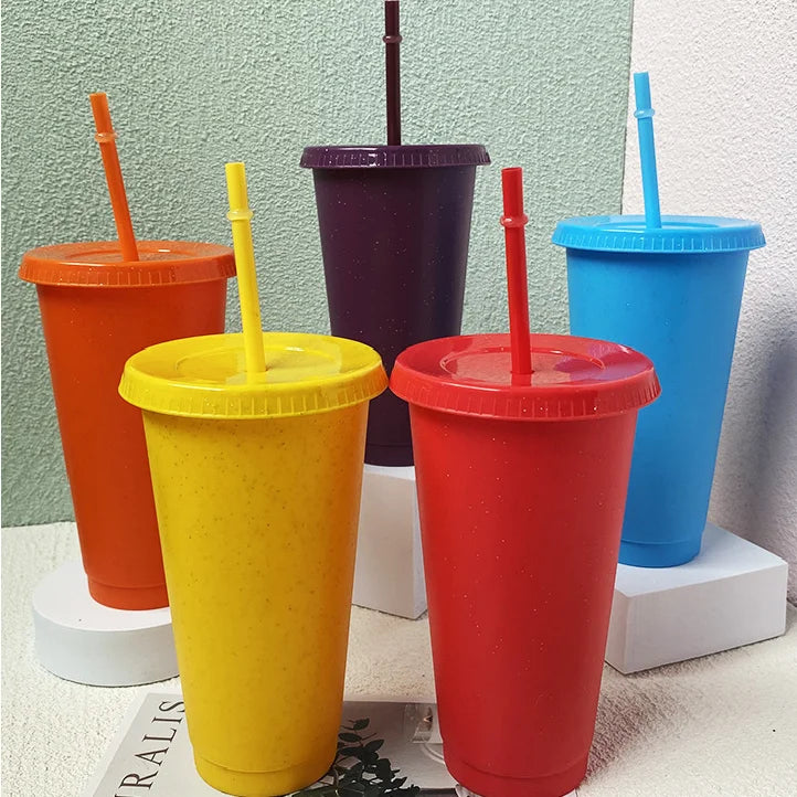Wholesale 24oz Plastic Iced Cups Drinking for Cold Water Glitter Summer Coffee Tumblers with Lids and Straws