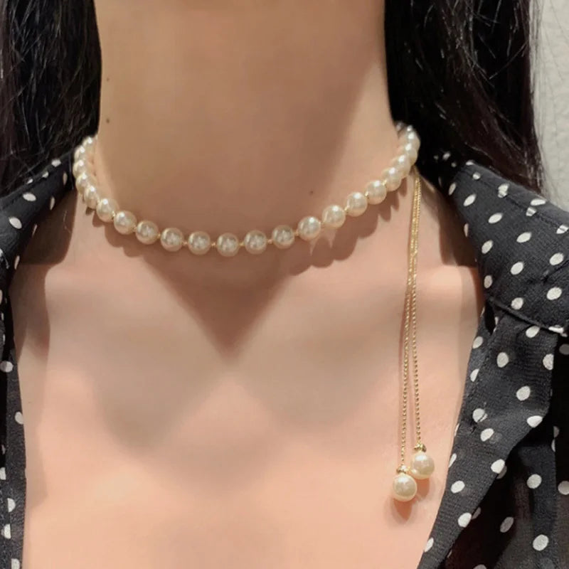 White Imitated Pearl Long Body Chain Tassel Necklace Simple Pearl Pendant Necklace for Women