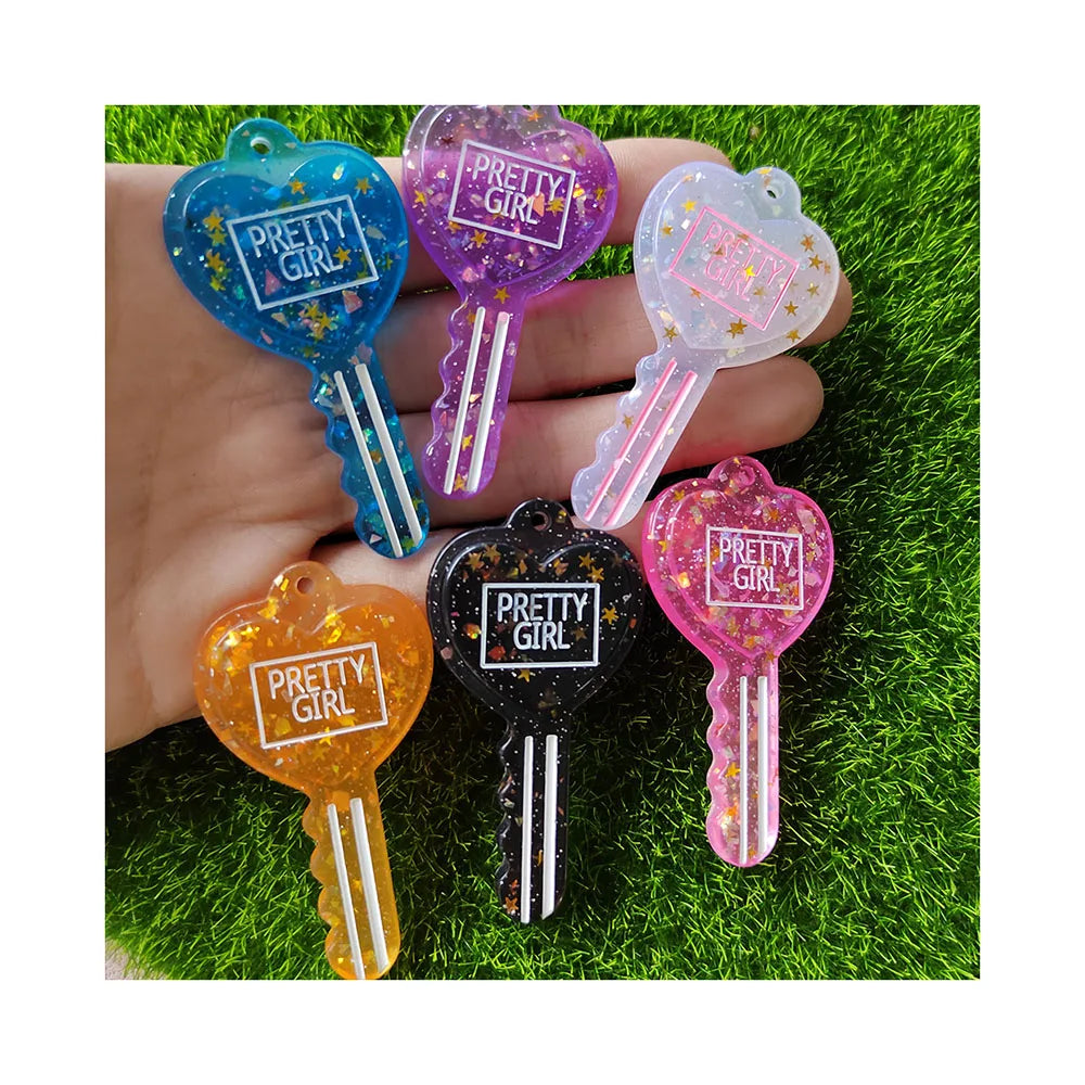 Star Glitter Filling Pretty Girl Heart Key With Hole Resin Cabochon for DIY Handmade Keychain Jewelry Making Accessories