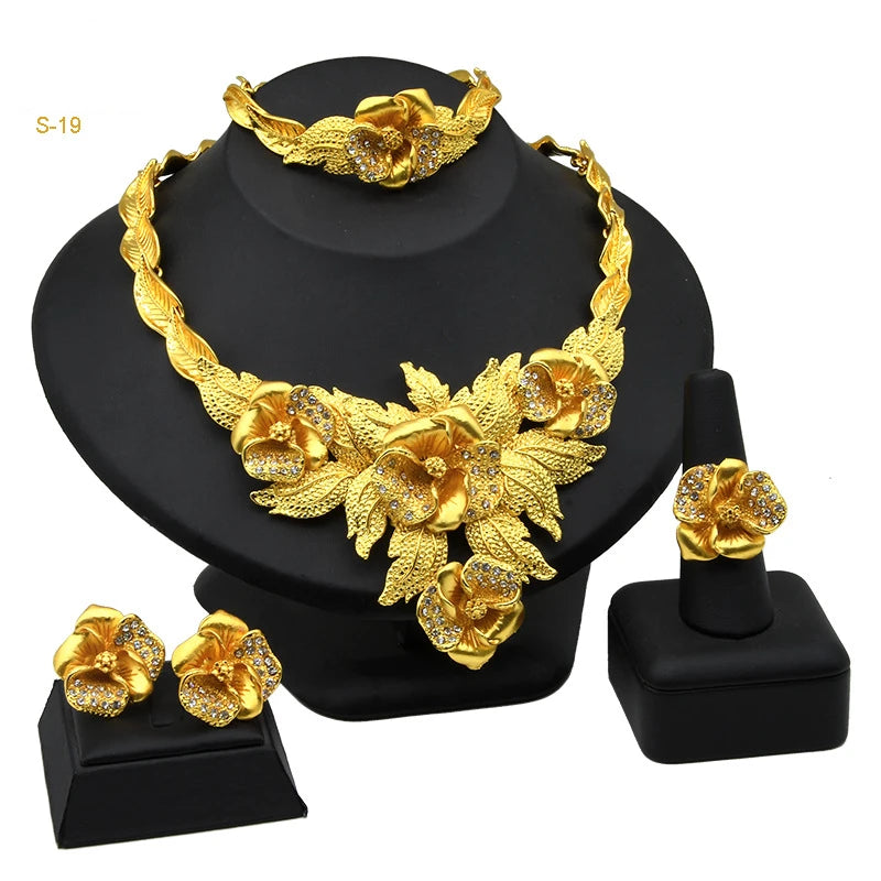 24k Gold Dubai Brazilian Necklace Sets African Bridal Earring Ring Bracelet Saudi Arabia Women Wedding Jewelry Set
