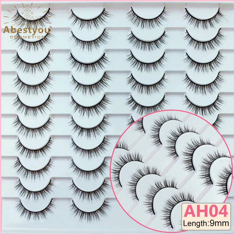 Abestyou Wholesale 8-10mm Short 20 Pairs 3D Faux Mink Handmade Black Cotton Band Full Strip Eyelashes Natural Ready Ship Anytime