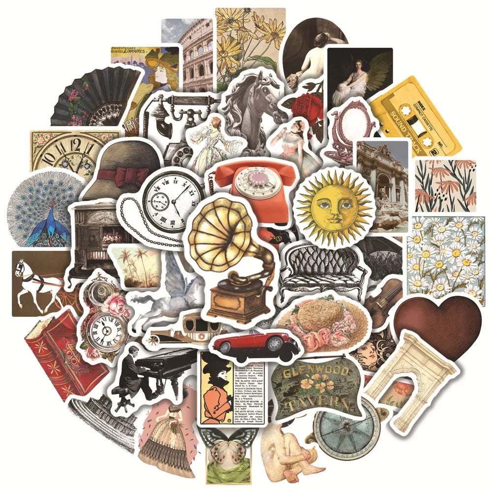 50Pcs European Style Vintage Logo Graffiti Stickers for Laptop Notebook Phone Decoration Waterproof Wall Sticker Pack