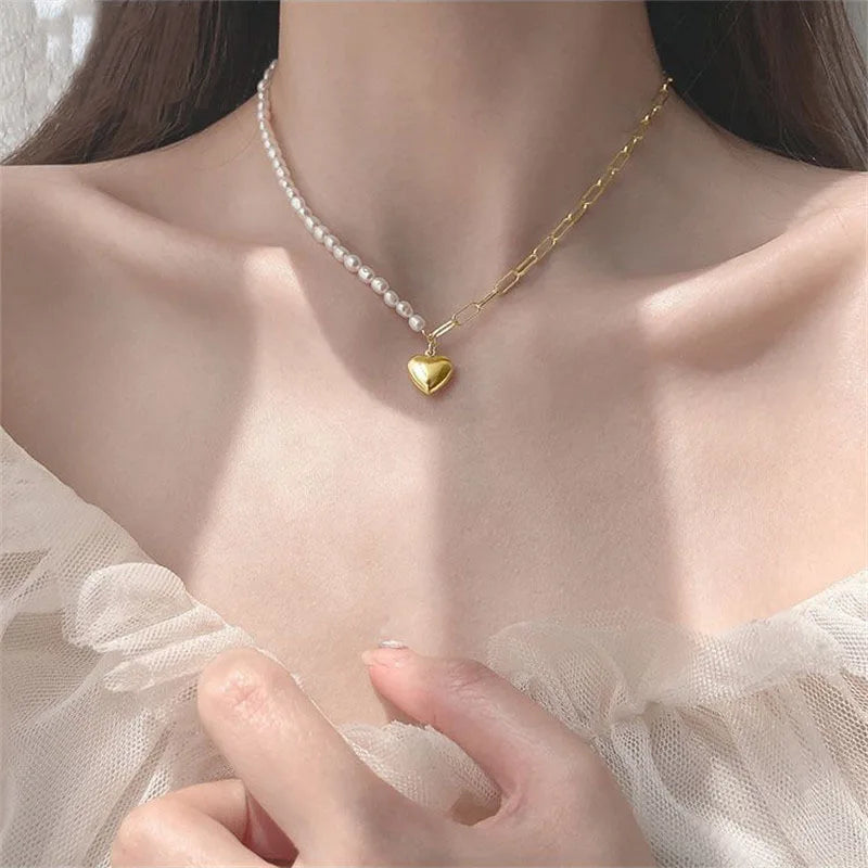 Factory New Heart Asymmetric Choker Gold Chain Baroque Imitation Pearl Necklace for Women
