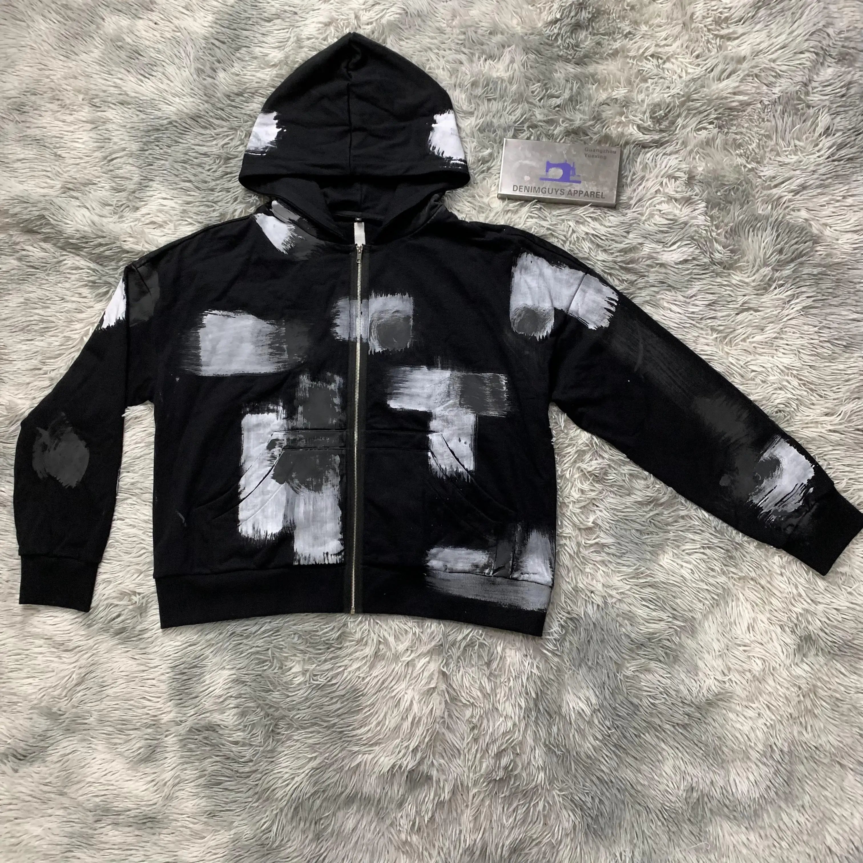 DENIMGUYS Custom Logo Embroidery Graffiti  Zip up French Terry Oversized Vintage Acid Wash Paint Hoodie Men