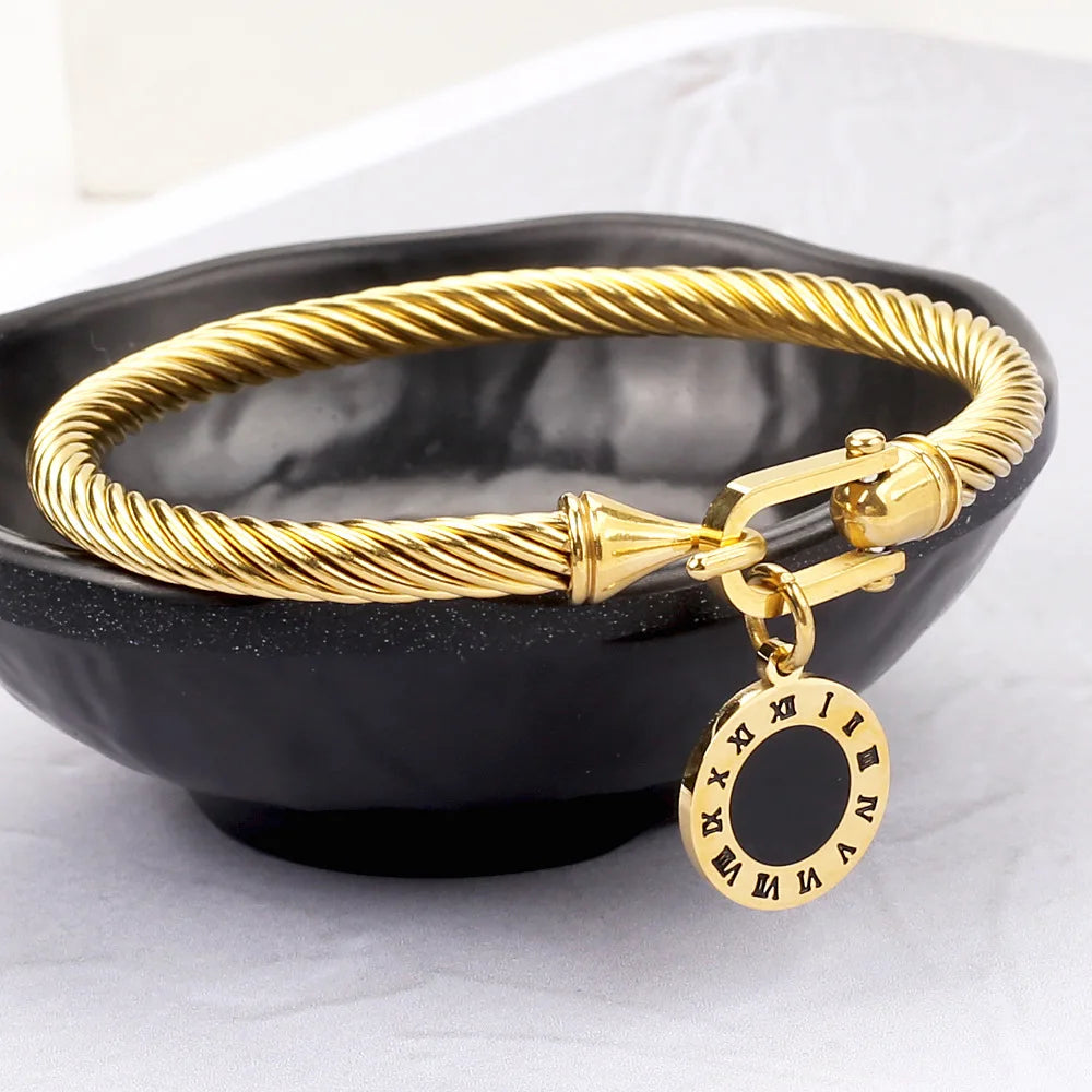 Hot Selling 18k Gold Elastic Roman Bracelet Braided Wire Rope Bracelet Horseshoe Buckle  Titanium Steel Bracelet