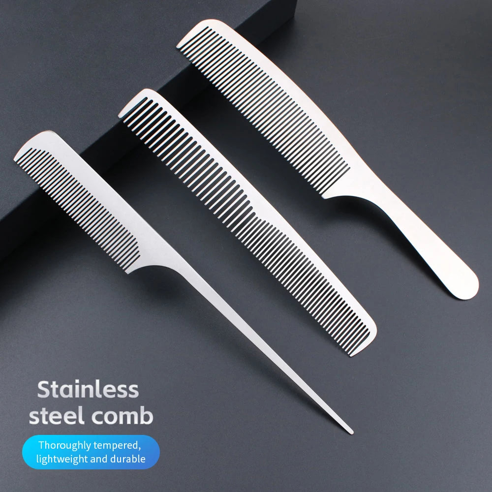 MJ Stainless Steel Cutting Metal Tail Combs Silver Fine Cutting Comb Set Hairdressing Steel Rat Tail Comb