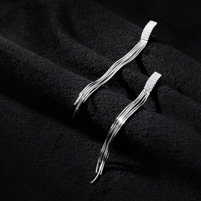 Statement Zircon Rectangle Shape Party Earings Long Tassel 925 Sterling Silver Dangle Drop Earrings Fine Jewelry for Women