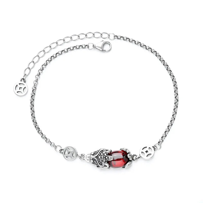 Vintage Thai Silver Copper Coin Single Pixiu Garnet Women's Bracelet Chain Bracelet for Couple Good Luck Bangle for Women