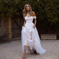 Women White Temperament Shoulder Lace Elegant Long Evening Wedding Dresses