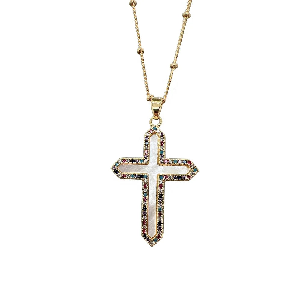 Wholesale Custom Metal Zircon Sea Shell Cross Pendant Necklace for Women Fashion Jewelry