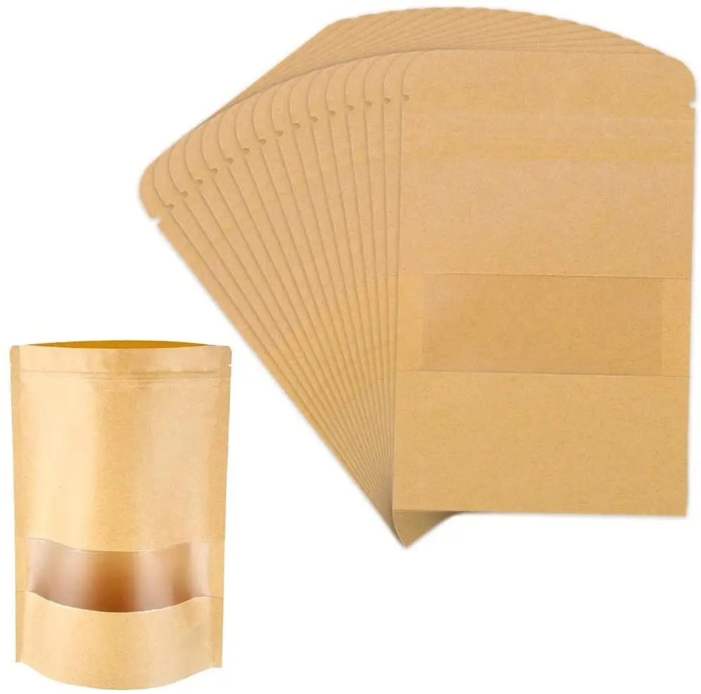 50 Pack WIZ Brand Gravure Printed Food Storage Reusable Ziplock Grip Seal Brown Kraft Paper Stand Pouch Bags Transparent Window