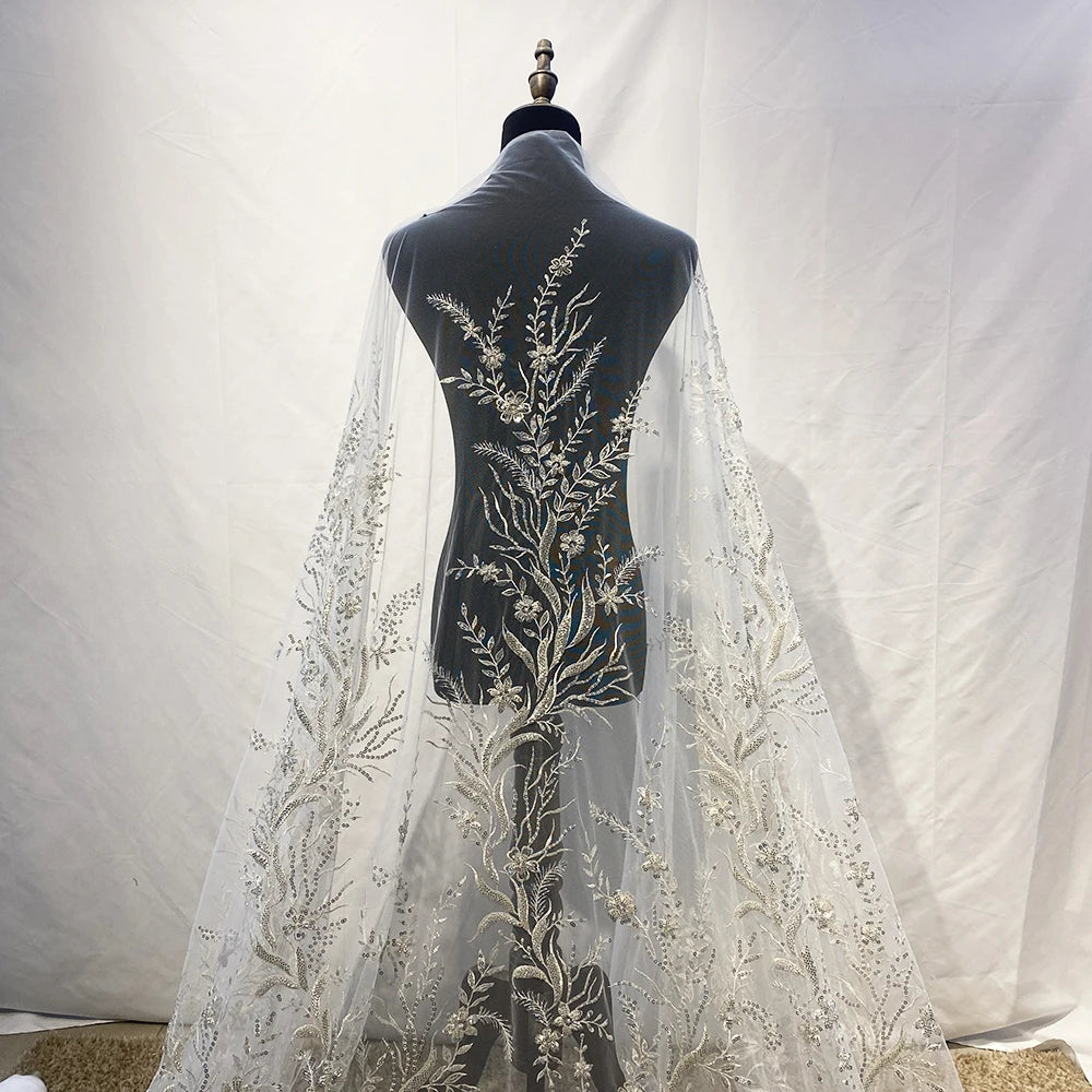 African Luxury French Tulle Sequin Lace Fabric Heavily Beaded Lace Fabric with Crystal Rhinestone