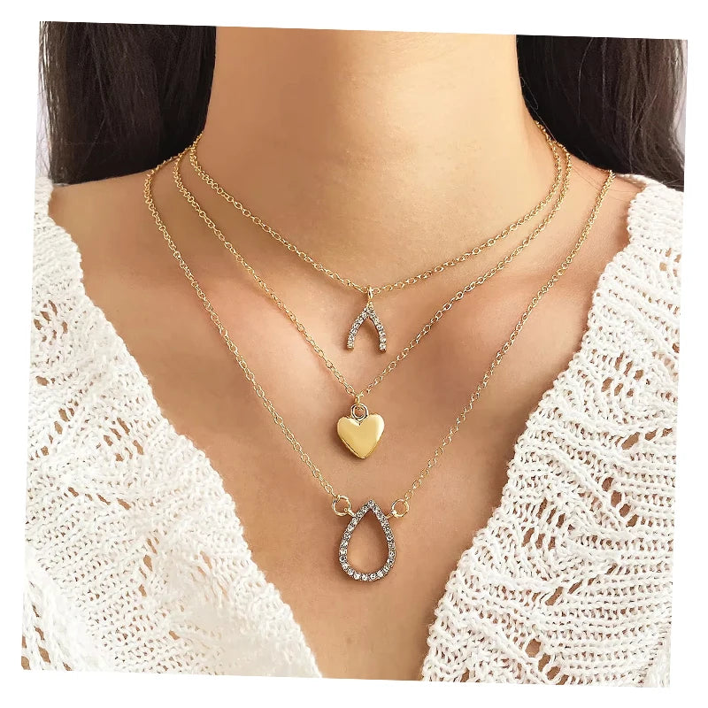 VKME 3Pcs/Set Fashion Full Zirconia Water Drop Letter V Heart Necklace Set