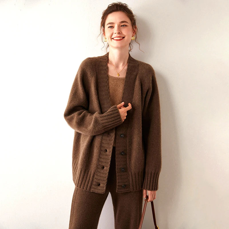 Women's Cashmere Cardigan 2024 Open Front Oversized Button Cashmere Wool Sweaters V Neck Loose Cashmere Cardigans