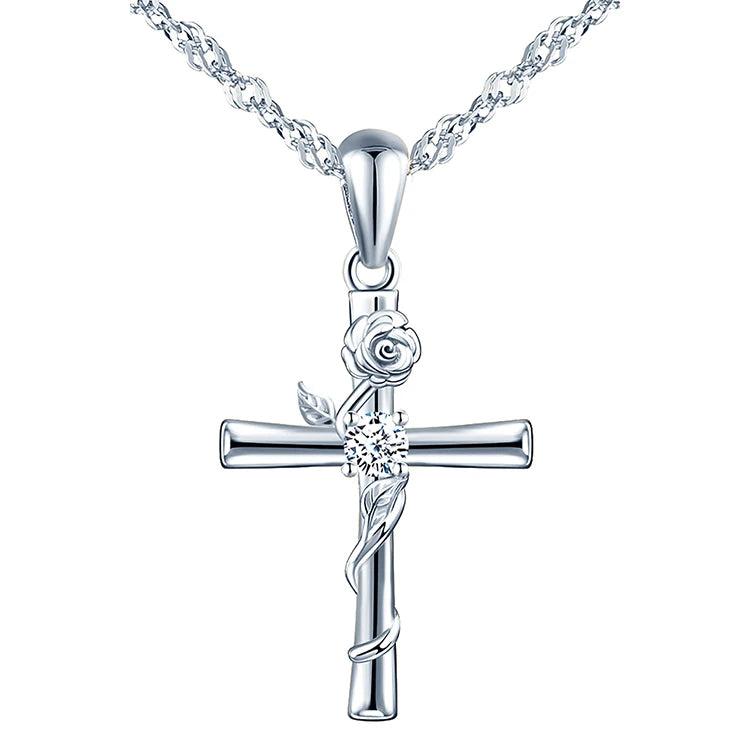 Wholesale Baptism Gifts 925 Silver Rose Cross Necklace