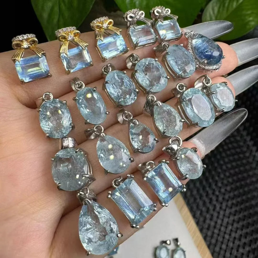 Handmade 925 Sterling Silver Fashion Healing Stones Crystal Jewelry  Natural Faceted Aquamarine  Charm Pendant