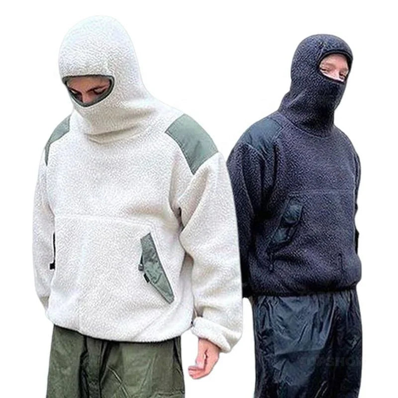 Wholesale Fluffy Fleece Color Block Hoodie Custom Pocket Oversize Winter Thick Warm Solid Sherpa Ninja Hoodies