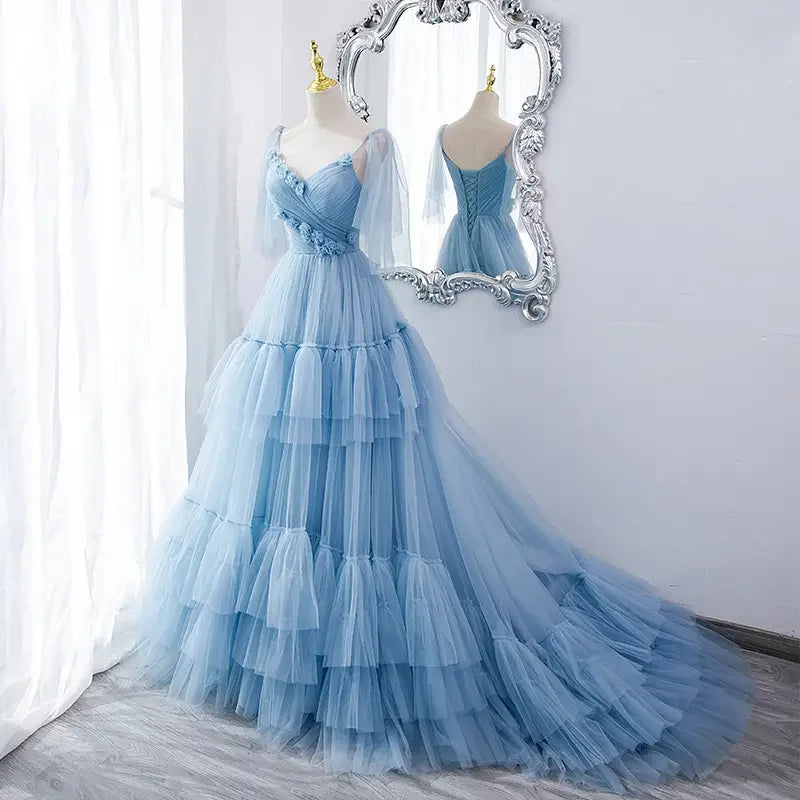 A-Line Long Chic Woman Prom Dress Gown Spaghetti Strap Ball Gown V-Neck Sky Blue Net Night Evening Dresses