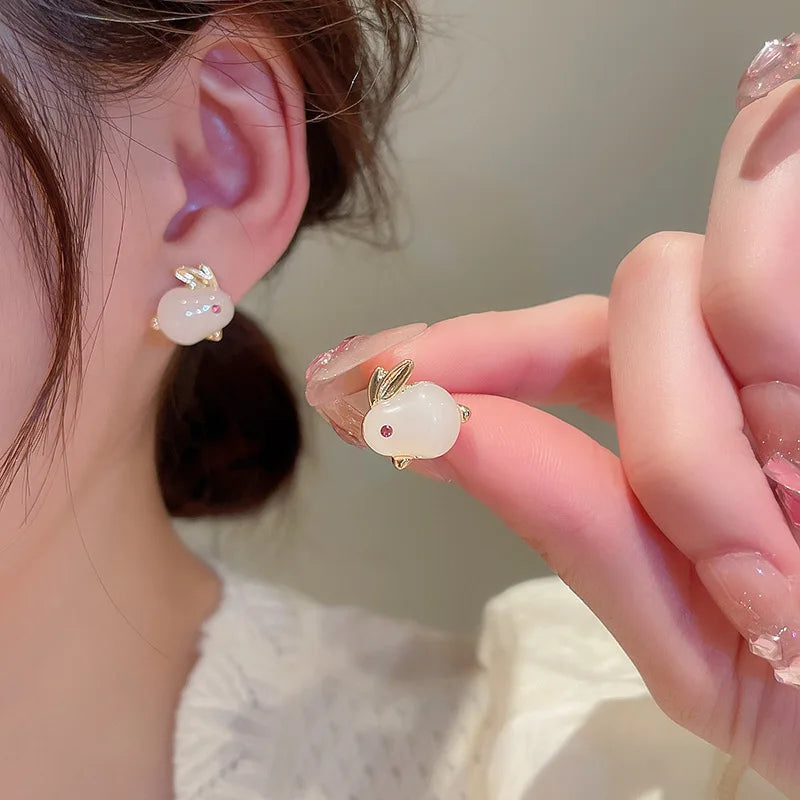 New Opal Crystal Jade Rabbit Stud Earrings for Women Creative Cute Fun Charm Aesthetic Earrings 2023 Trend Fashion Jewelry Gifts
