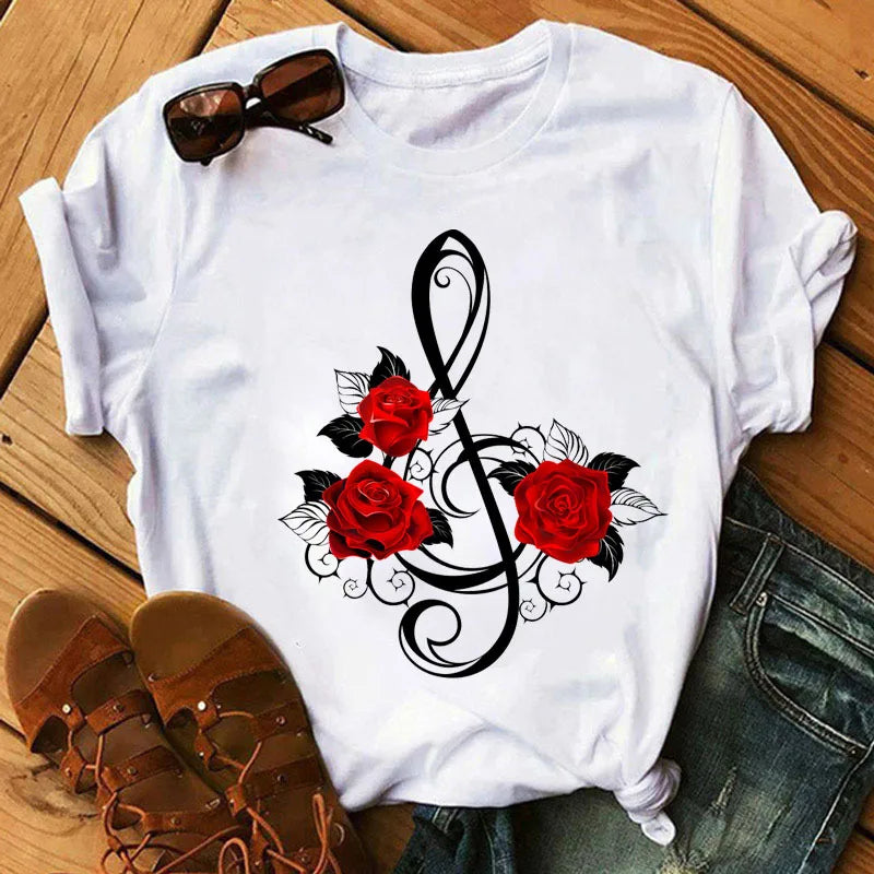 Custom logo Women's Top Rose Print Butterfly T-shirt Loose Breathable Short Sleeves Tops White Blank Tee Oversized Clothes