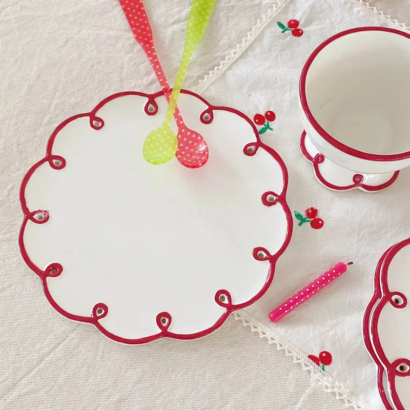 Solhui Hot Wave Lace Embossed Wedding Plates Handpainted Household Fruit Plate Dessert Cake Plate Wholesale