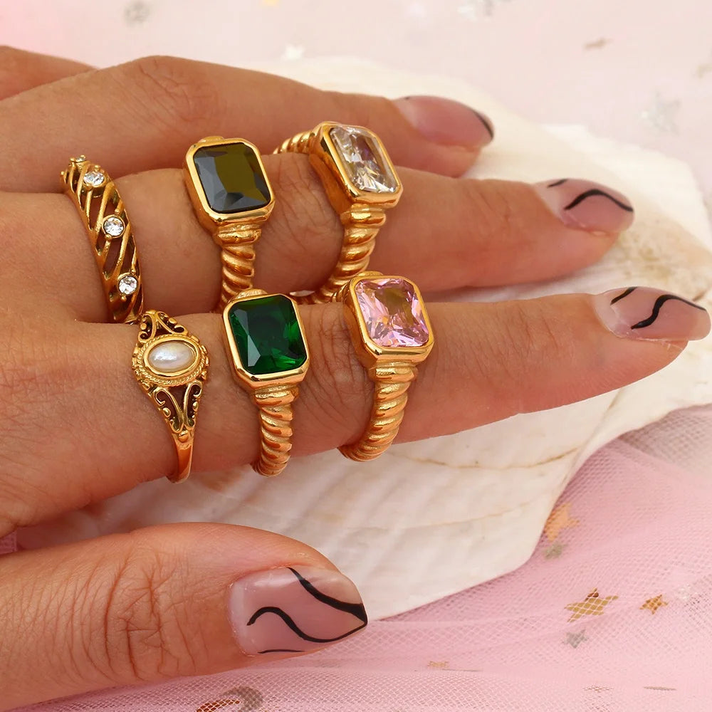 Dreamshow Stainless Steel Ring With Cz Jewelry Cz Ring Big Diamond Pink White Green Black Zircon Ring